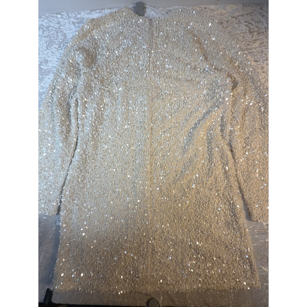 H&M Womens M Ivory Sequin Mini Dress Bell Sleeve Holiday Party Cocktail NWT - Picture 7 of 9